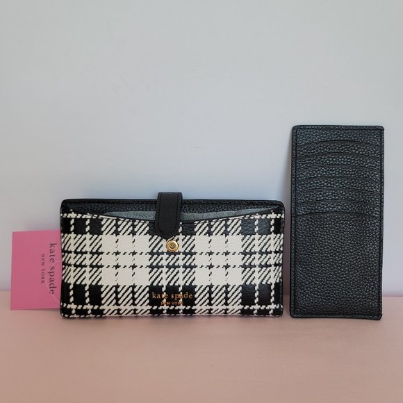 KATE SPADE Hudson Posh Plaid Embossed Pebbled Leather Bifold Wallet-Black MultI⭐ - Picture 5 of 16